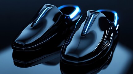 Pair of sleek, futuristic shoes with a glowing blue accent, likely made of a glossy, reflective material