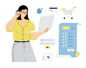 Payment for goods or services via the Internet from a laptop, computer. Woman calculating financial bill or Invoice online in banking app on laptop. Vector illustration on isolated white background.	