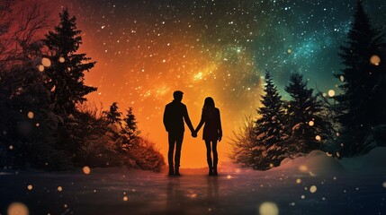 Romantic couple silhouettes holding hands under a vibrant aurora borealis, with a softly blurred snowy forest in the background 