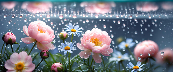 Obraz premium Spokojna kompozycja różowych róż i niebieskich stokrotek ozdobionych kroplami wody, na delikatnym pastelowym tle.