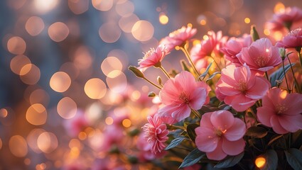 Grono intensywnie różowych róż z soczyście zielonymi liśćmi, rozświetlone złotym światłem słonecznym, otoczone magicznym tłem bokeh.

