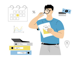 Invoice bills payment. Personal finances, loans and debt. Man paying credit, mortgage, taxes. Vector illustration on isolated white background.	
