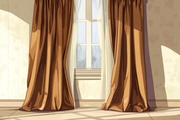 Sunlight streaming through a vintage window enhances brown curtains in a cozy winter interior...