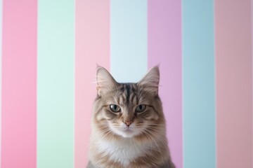 Fototapeta premium 猫がカラフルなストライプの壁の前でポーズをとっている様子