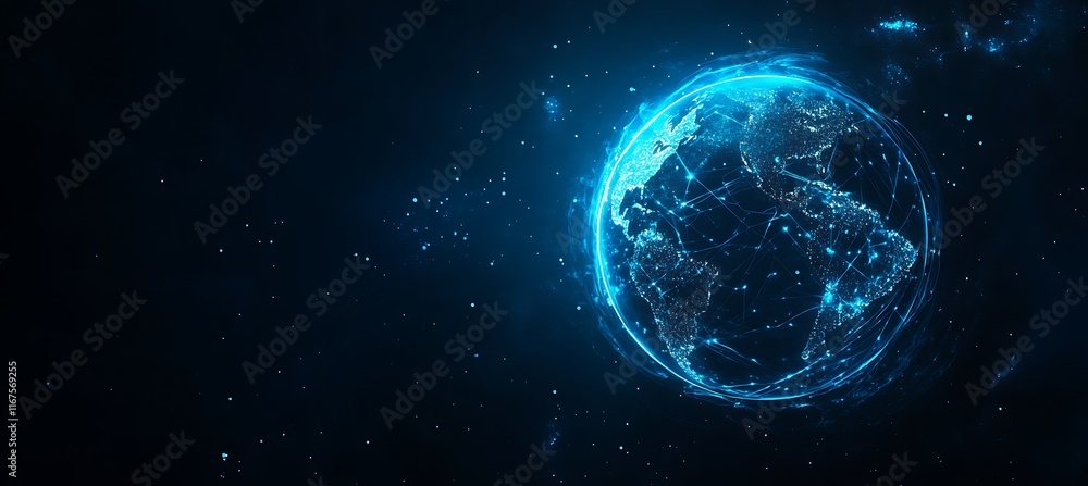 Poster a futuristic image of a digital globe with interconnected business hubs, set against a dark backgrou