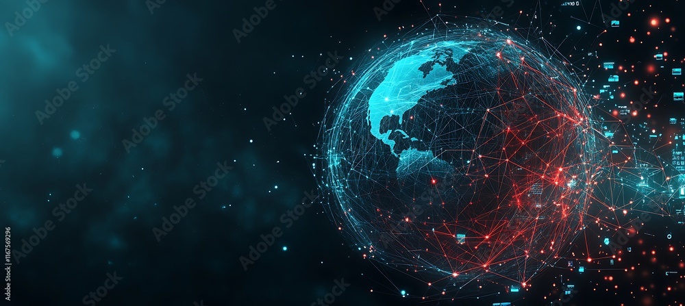 Poster a futuristic image of a digital globe with interconnected business hubs, set against a dark backgrou