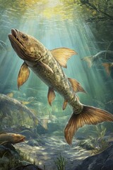 Fototapeta premium Large ancient fish swims, sunlit underwater scene.
