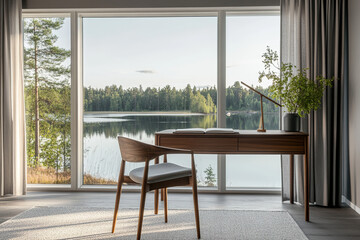 Fototapeta premium A contemporary study area featuring stunning views of a tranquil lake, encircled by lush trees, all set within a peaceful daytime atmosphere