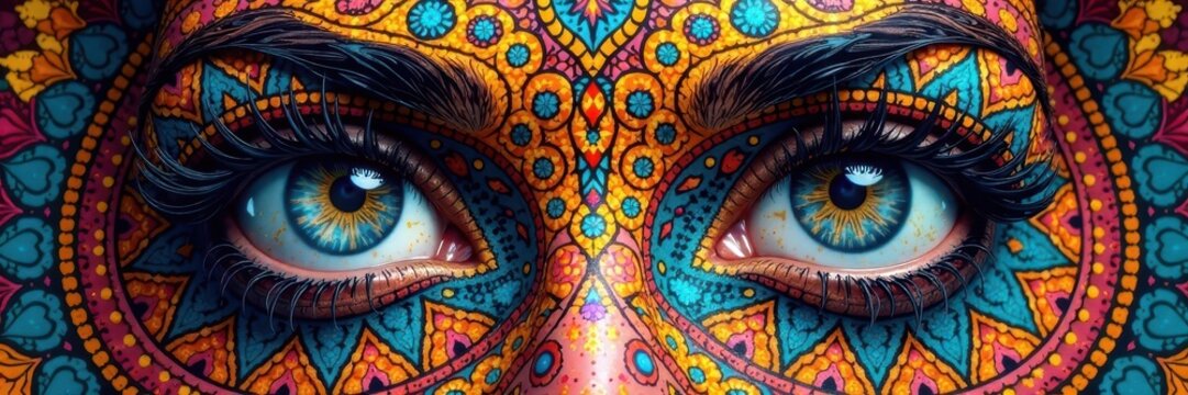 Vibrant mandala, dark eyes, vintage art Vedic patterns, ancient, geometric shapes , intricate, artwork