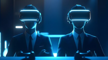 Two Businessmen Wearing Virtual Reality Headsets