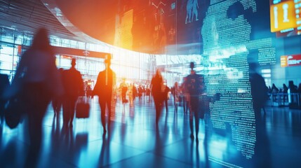 Blurred figures walking through a modern building with a digital world map projection.