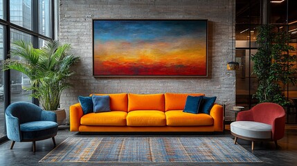 Modern Living Room Decor With Orange Sofa And Abstract Art