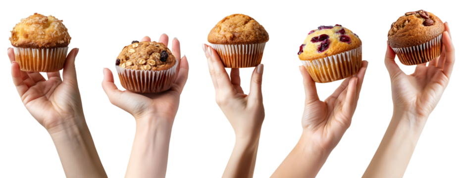 Collection set of hand holding Muffin muffins on transparent cutout, PNG. Many assorted different flavour, Pecans almond nuts, coconut, cinnamon, cranberry raisin. Mockup template for design