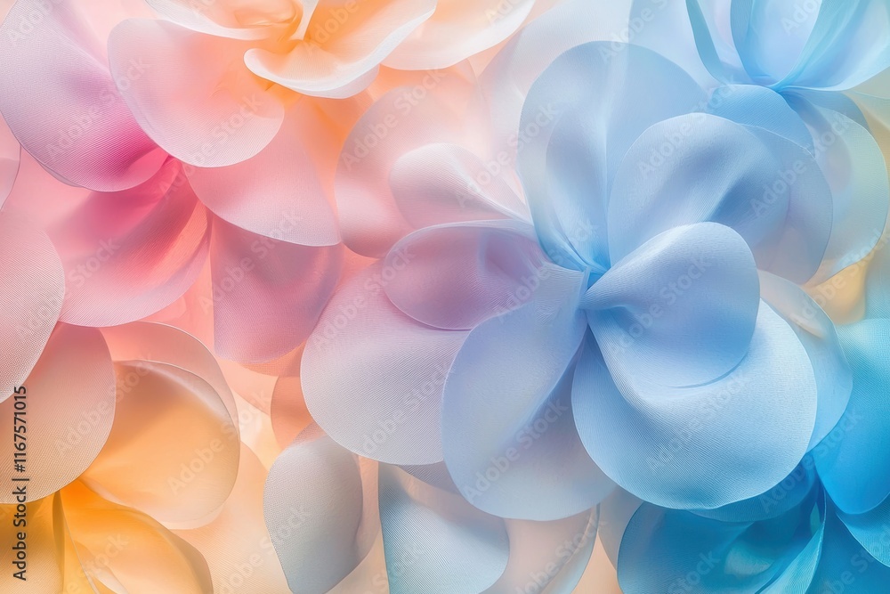 Poster soft airy abstract spring background with overlapping pastel circles and translucent flower motifs