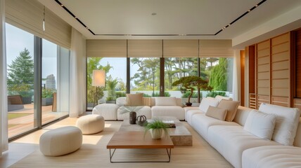 Modern living room with large windows and serene outdoor view in a contemporary home design