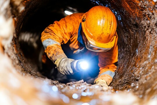 Worker inspecting pipeline interior using flashlight in confined space