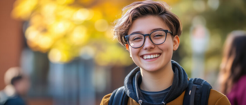 Portrait of a non-binary college student smiling on campus, defocused background