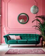 Elegant living room with green sofa and pink wall in contemporary design style