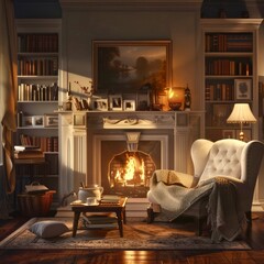 Cozy evening by the fireplace in a warm living room with books and soft light