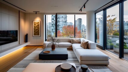 Modern living room design with city view showcasing contemporary furniture and bright natural light