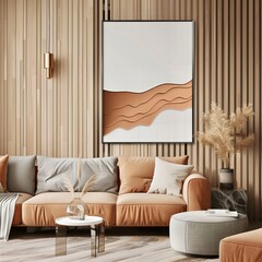 Modern living room featuring abstract art and neutral colors with a cozy atmosphere