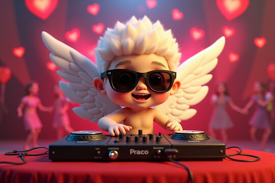 Cupid rocks the DJ booth at a romantic Valentine's party, spreading love with heartbeats and tunes. 3d render illustration. Valentine's day