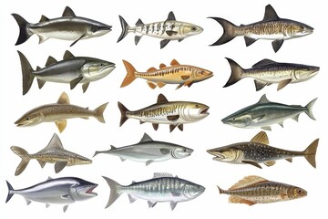 Fifteen diverse fish species, illustrated, white background.