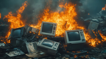 Old televisions burning in a fiery display among rubble and debris at an urban site