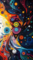 Colorful abstract art depicting swirling orbs and vibrant patterns in a cosmic dance
