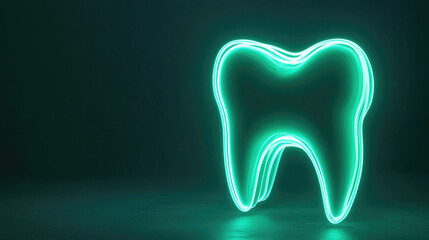 Neon green glowing tooth shape against dark background emphasizes dental health and hygiene awareness
