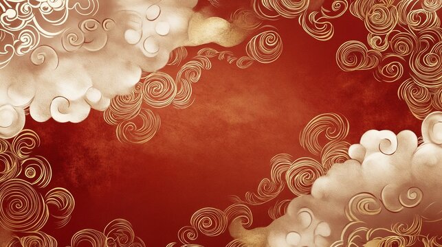 Decorative swirling clouds on red background.