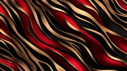 Abstract red and gold wavy pattern on black background.