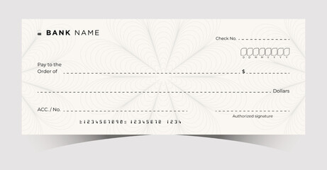 Blank Bank Chequebook. Money Payment Check Background Template. Secure Business Financial Transactions Cheque. Empty Cash Checkbook for Donations, Coupons, and Winner Award