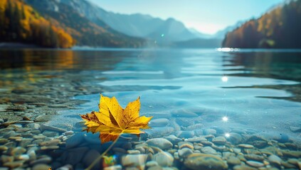 Autumn Leaf Floating on a Reflective Mountain Lake Surface