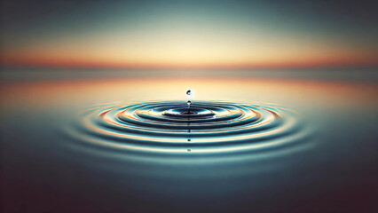  A single droplet causing ripples on a vast, mirror-like water surface under a gradient sky. The far-reaching impact of small actions.