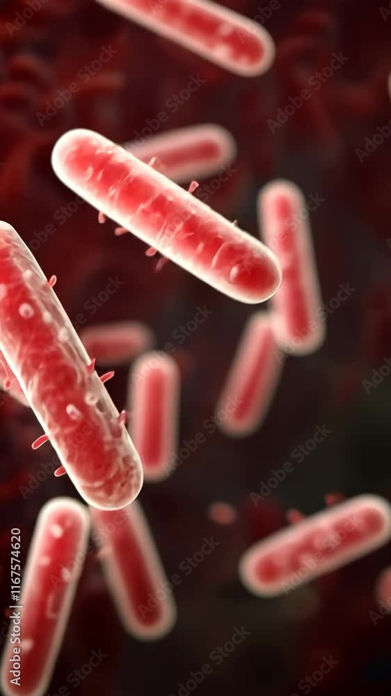 Poster detail of red bacteria floating in a dark background illustrating microscopic life and its complexit