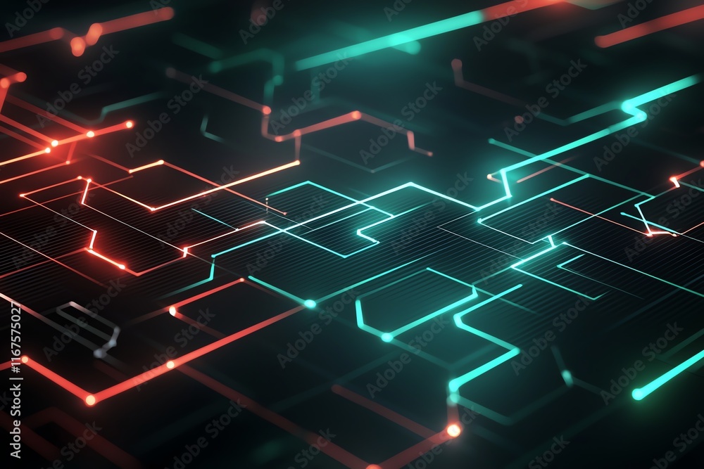 Poster futuristic circuit board with glowing lines and geometric patterns, depicting digital innovation and