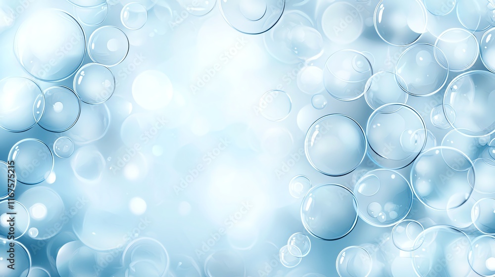 Poster a serene abstract background featuring a collection of translucent bubbles against a soft blue backd