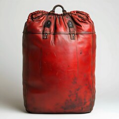 A red leather bag with a black strap