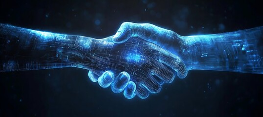 A futuristic image of a digital handshake between two businesspeople, glowing against a dark background, symbolizing successful partnerships