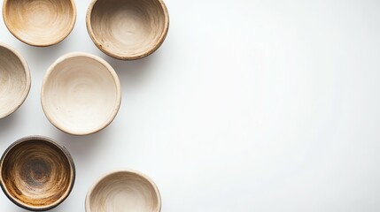 A top-view image of handmade ceramic bowls on a clean white background.--ar 16:9