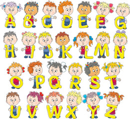 Happy little schoolboys and schoolgirls friendly smiling and holding big yellow letters, vector cartoon illustration