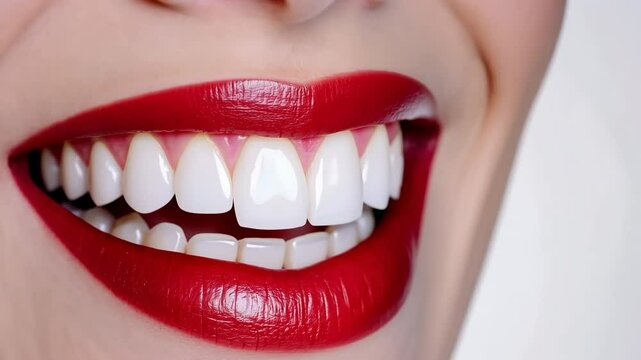 Beautiful Smile. Female smiling, perfect white teeth, close up. Healthy smiles. Perfect teeth of smiling young woman on a white background. Whitening. Dental clinic patient. Oral care, dentistry
