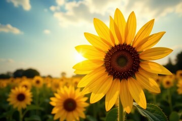 Obraz premium Close-up of a single sunflower facing the sun with its large petals and dark center, detail shot, petal