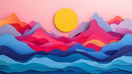 Colorful paper cut art landscape with sun and mountains.