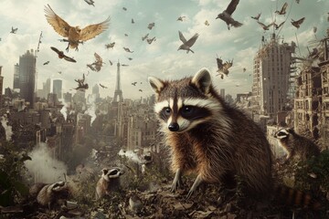 Obraz premium Raccoons amidst ruined city, birds flying.