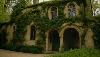 Fototapeta premium Old stone building being taken over by ivy