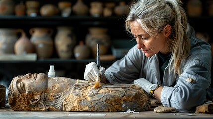 An art restorer using a brush to carefully clean centuries-old dirt from an ancient Greek ceramic artifact in a museum conservation lab