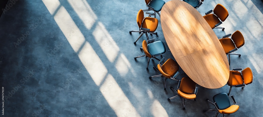 Poster a high-angle view of a business conference room with a large table and chairs arranged in a circular