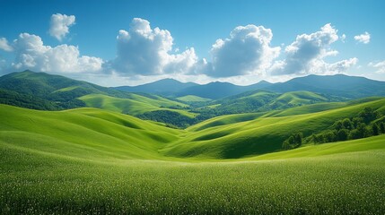 Obraz premium Rolling Green Hills Under A Blue Sky With Fluffy Clouds